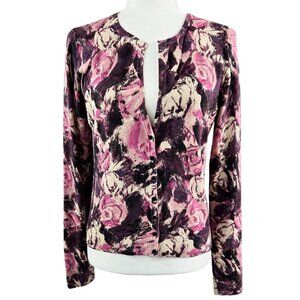 Ann Taylor Silk Cashmere Purple Pink Tan Floral Split Neck Cardigan Romantic
